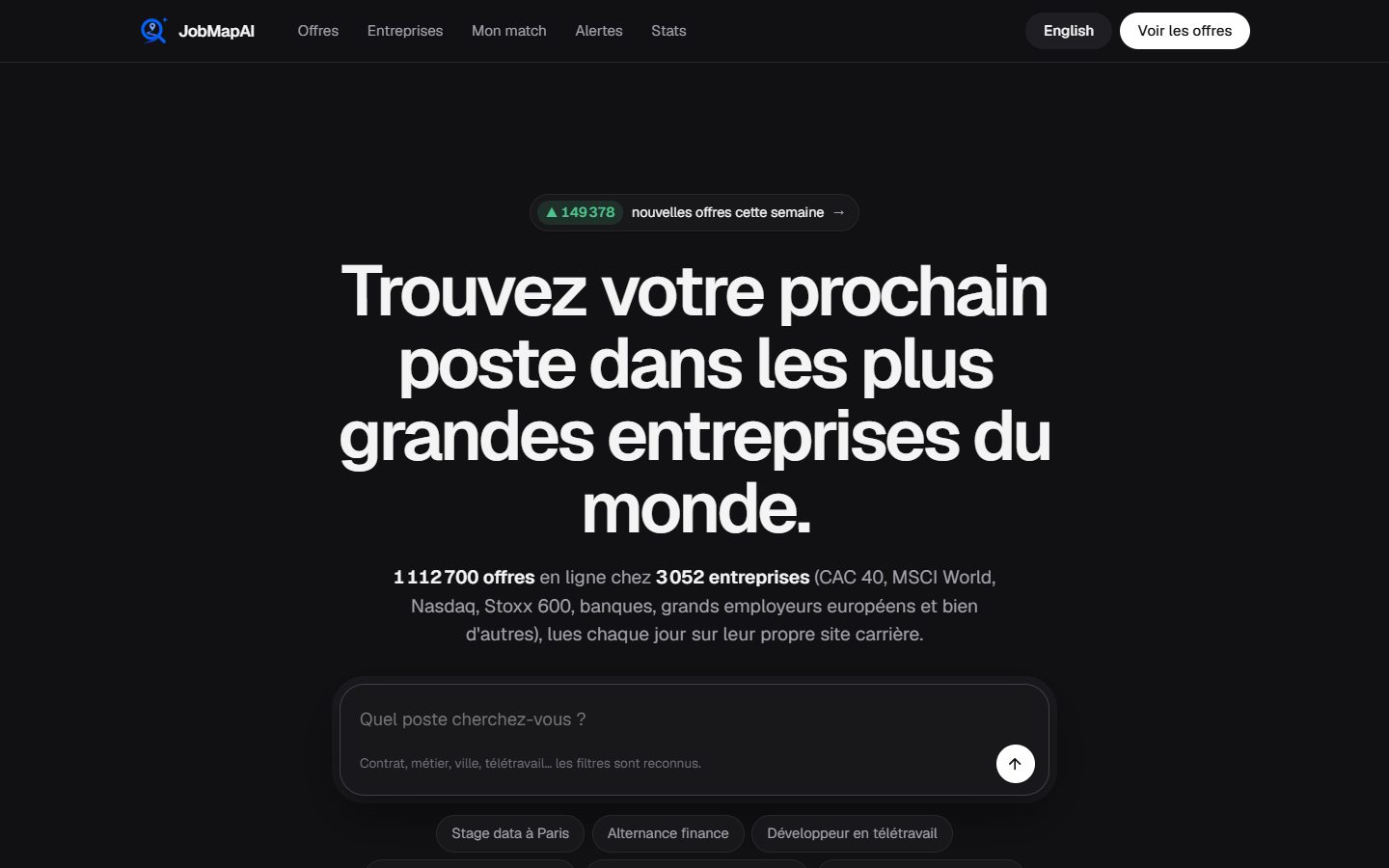 Page d’accueil de JobMapAI en français : 1 112 700 offres en ligne chez 3 052 entreprises